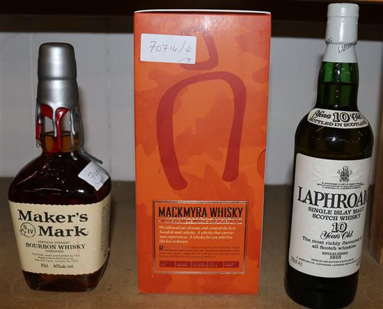 1 x Makmyra whisky, 1 x double dip Makers Mark bourbon whisky and 1 x Laphroaig 10 years old malt whisky(3)